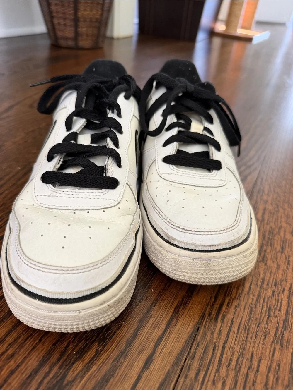 Retro Nike Air Force 1’s Youth White Sneakers with Black Trim and Laces